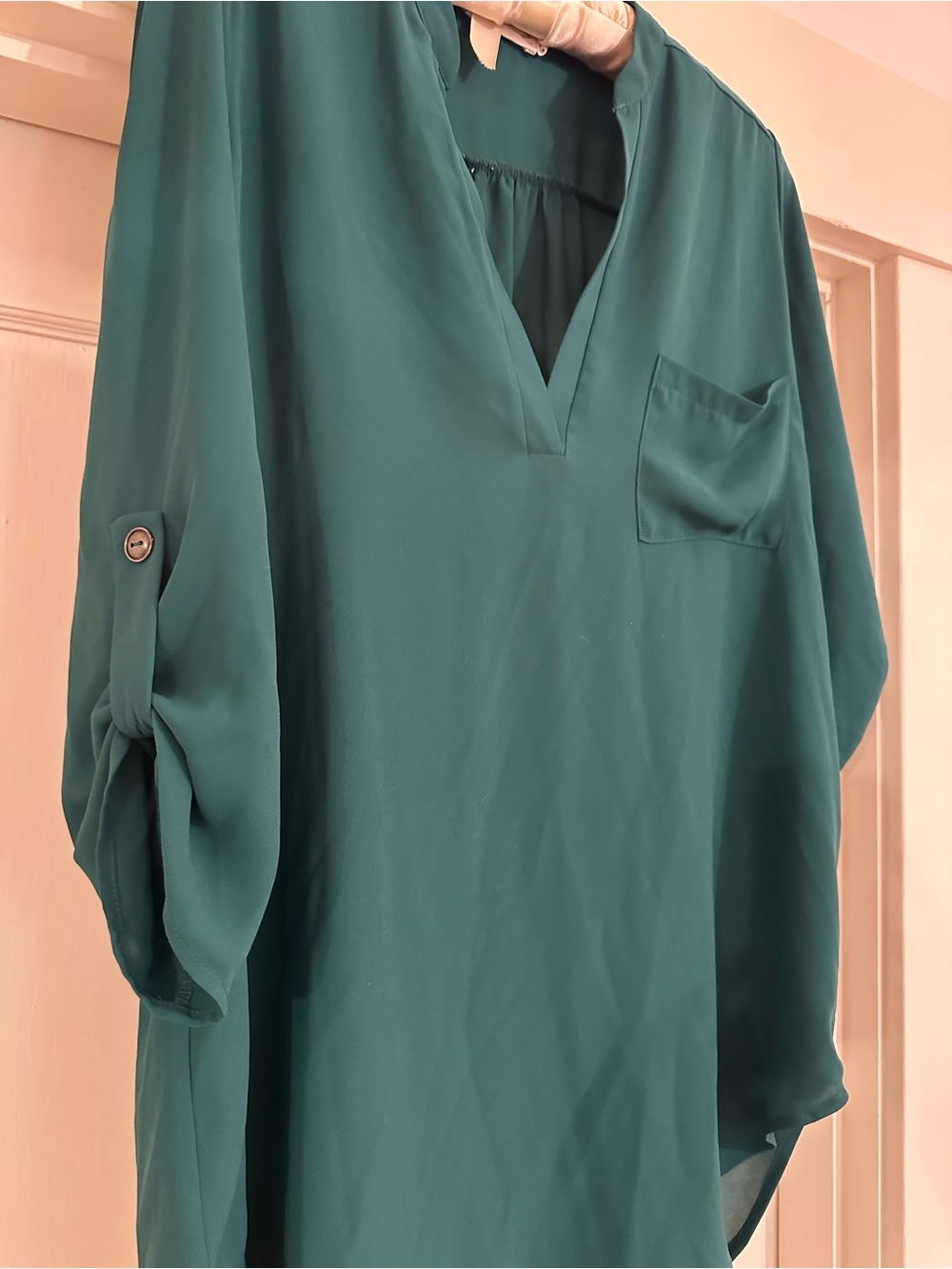 Lush Green V-Neck Tunic with Chest Pocket - Picture 2 of 4